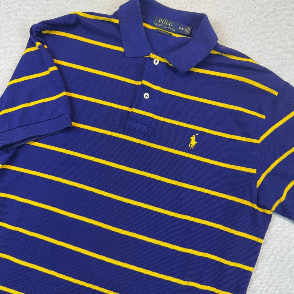 Polo Ralph Lauren Medium Polo Shirt Mens Blue Yellow Striped Classic Fit SS